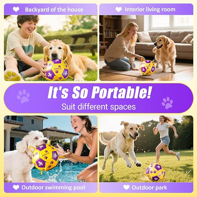 Size 2 Dog Soccer Ball with Straps Durable Training Ball for Pets Interactive Outdoor Dog Toy,Yellow & Purple, Paw and Puppy Design, for Small & Medium Puppie
