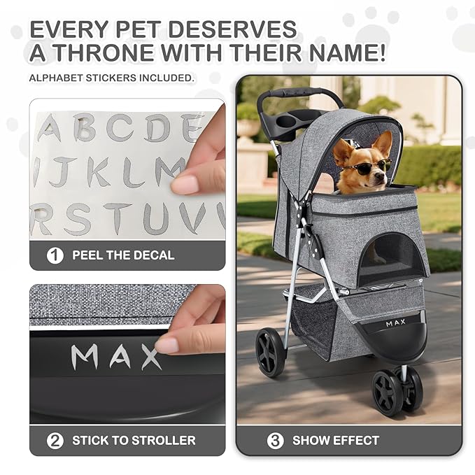 MoNiBloom 3 Wheels Pet Dog Cat Stroller for Small Medium Dogs and Cats, Lightweight Foldable Jogger Stroller w/Storage Basket and Cup Holder, Gray