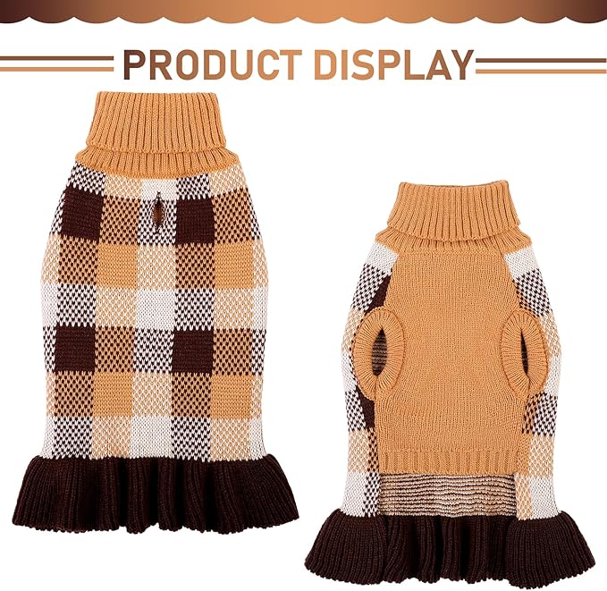 Dog Sweater Dress Plaid Knitwear for Small Medium Dogs Warm Puppy Pet Turtleneck Stretch Pullover Cute Fall Winter Vest Clothes with Leash Hole for Christmas (Coffee, S)
