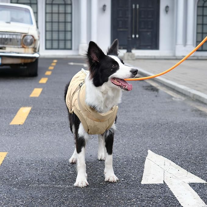 Dog Jacket with Harness,Fleece Lined Warm Puppy Coat for Winter,Soft Windproof Large Dog Vest,Khaki XXL