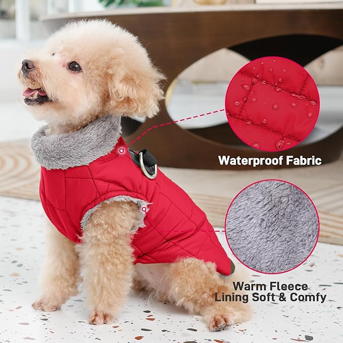 Warm Fleece Dog Coats with Durable Harness Buitl in D-Ring,Waterproof Puppy Jacket for Small Dogs,Dog Vest for Cold Winter,Red S