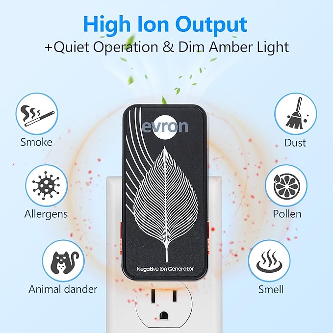 Air Ionizers for Home, Ultra-Thin Filterless Plug-In Negative Ion Generator, Foldable Plug & Dim Amber Light, 20M Ions/Sec, Up to 400 sq ft Coverage (2, Black)