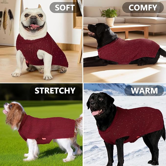 KYEESE Dog Sweater with Leash Hole Warm Pullover with Reflective Yarn for Small and Medium Dogs Male Soft Knit Pullover Boy Dog Coats Cozy Lightweight Thick Sweater,Dark Red,Medium