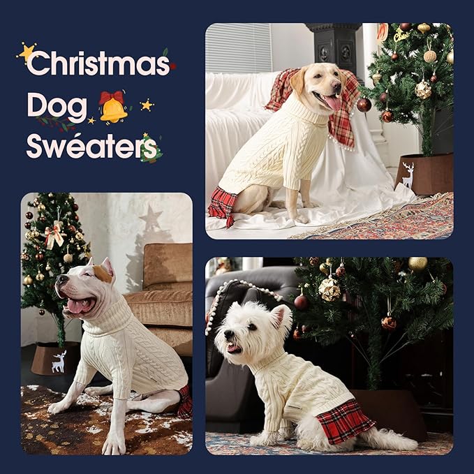 IECOii XL Dog Sweater Dress for Large Dogs Girl, Cable Knit Winter Dress for Female Dogs, Beige,XLarge, Soft Girl Dog Sweater with Tartan Plaid Skirt Cute Turtleneck Knitwear for Cold Weather