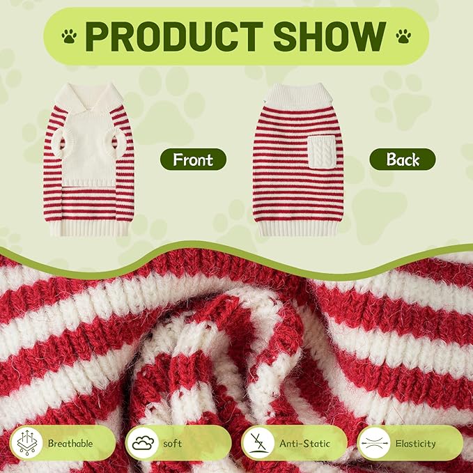 Small Dog Sweater, Knitted Striped Pullover Dog Clothes for Cold Weather, Thick Warm Cozy Stretchy Sweater for Chihuahua, Bulldog, Dachshund, Pug(Red & White Strip, M)