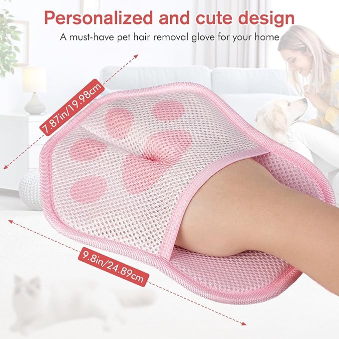 Pet Hair Removal Glove for Cats & Dogs, 2 Pcs With Hanging Hooks, Reusable Electrostatic Pet Hair Gloves, size 9.8 x 7.87 x 0.5 in, Pet Hair Glove for Clothes, Sofas, Carpets, Car Seats（Pink and gray）