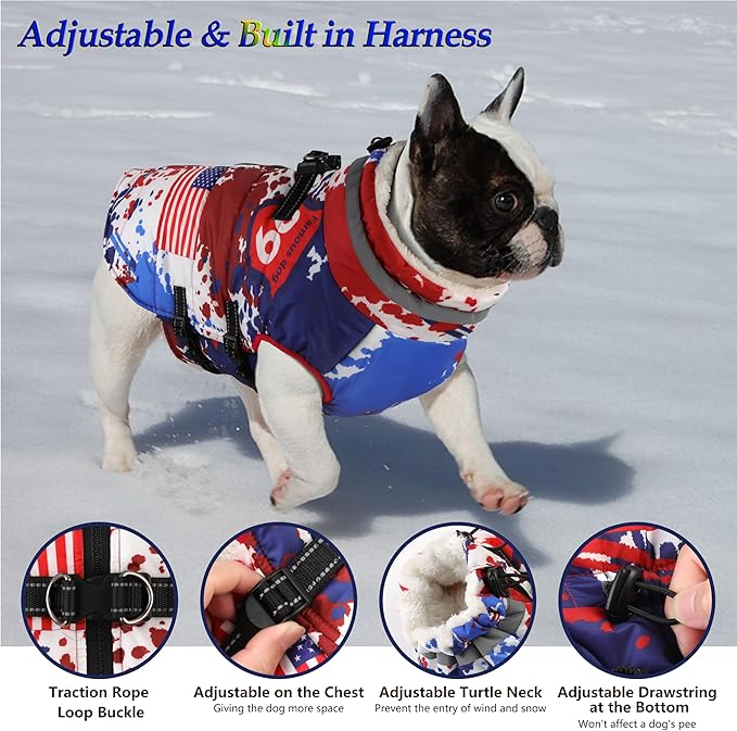 Dogcheer Dog Winter Coat, American Flag Dog Jacket with Harness, Adjustable Puppy Coat with Zipper, Waterproof Pet Fleece Jacket Snowsuit for Small Medium Large Dogs - US Flag M