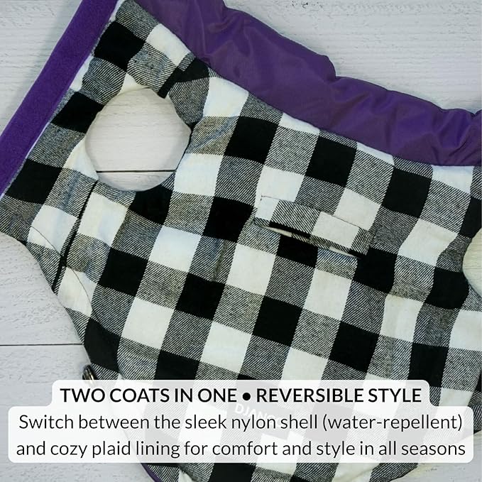 DJANGO Reversible Puffer Dog Coat – Warm Winter Dog Jacket & Water-Repellent Insulated Dog Coat w/Harness Hole, Windproof, Adjustable Fit for Small & Medium Dogs, Dachshunds – Violet Purple, Small