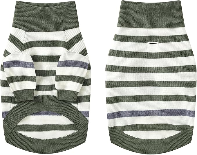 Small Dog Sweater, Knitted Striped Pullover Dog Clothes for Cold Weather, Thick Warm Cozy Stretchy Sweater for Chihuahua, Bulldog, Dachshund, Pug(Green & White Strip, XXL)