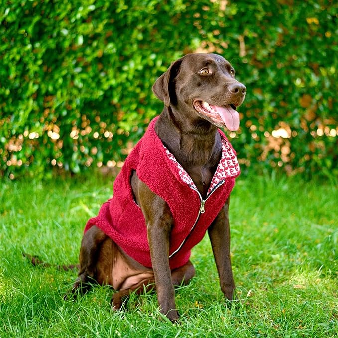 Tuff Pupper Reversible Fleece Sweater Vest for Dogs | Lightweight Comfortable Insulated Jacket | Front Zip Closure | Machine Washable | Built-in Leash Hole | Sizes for All Breeds (Small, Red)