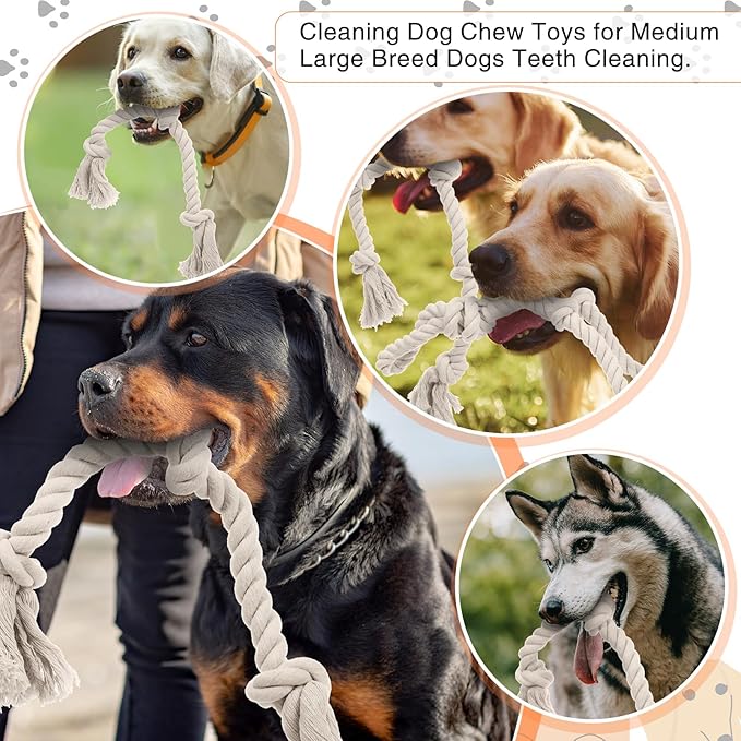 4 Pcs Rope Dog Toys White Tough Rope Toy Natural Cotton for Aggressive Chewers Interactive Knot Toys for Large Dog Tug of War Heavy Duty Pet Supplies Teeth Cleaning