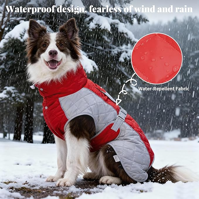 Dog Coat Dogs Winter Coat- Fleece Lined,Water-Resistant,Convertible Collar,Back Reflective Strip&Easy to Wear for Outdoor Walking Dog-Jacket(Red, XXX-Large)