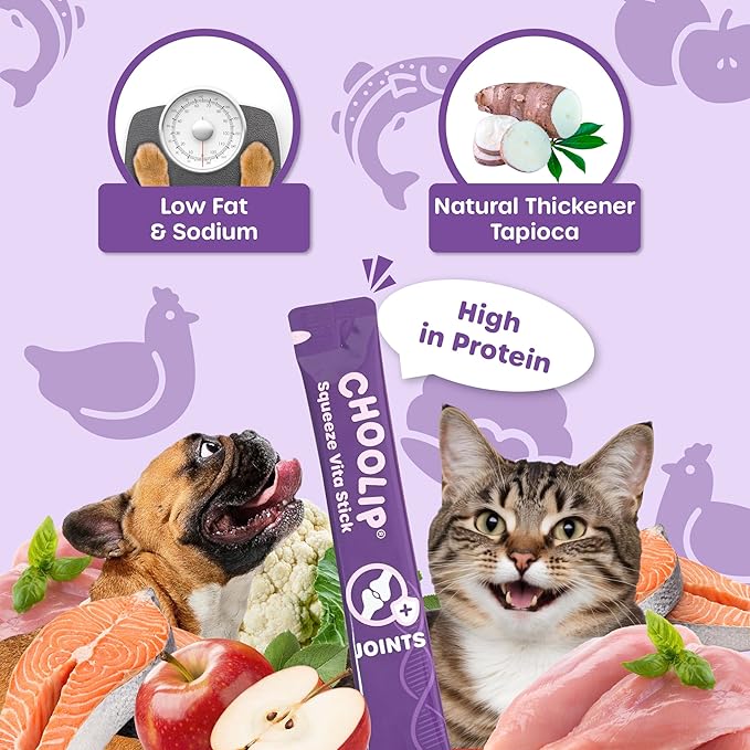 Choolip Squeeze Vita Stick Lickable Cat Treats & Dog Puree – 49-Count Joint Support Tubes, Creamy Grain-Free High-Protein Puree with MSM, Glucosamine & Green Lipped Mussel for Joint & Mobility Health