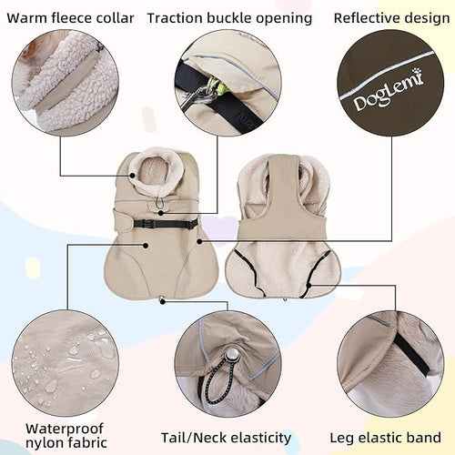 Adjustable Dog Coat with Harness Slot, Waterproof Fleece Lined Winter Jacket, Windproof Reflective Pet Vest for Cold Weather for Small Medium Large Dogs (Black, Medium)