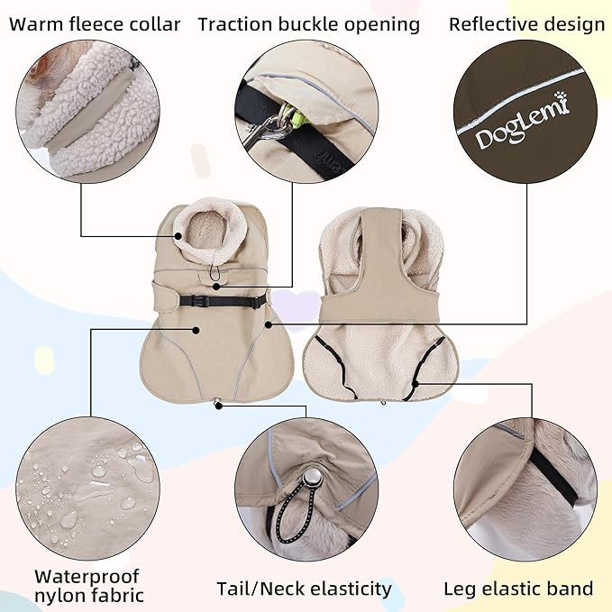 Adjustable Dog Coat with Harness Slot, Waterproof Fleece Lined Winter Jacket, Windproof Reflective Pet Vest for Cold Weather for Small Medium Large Dogs (Beige, Large)
