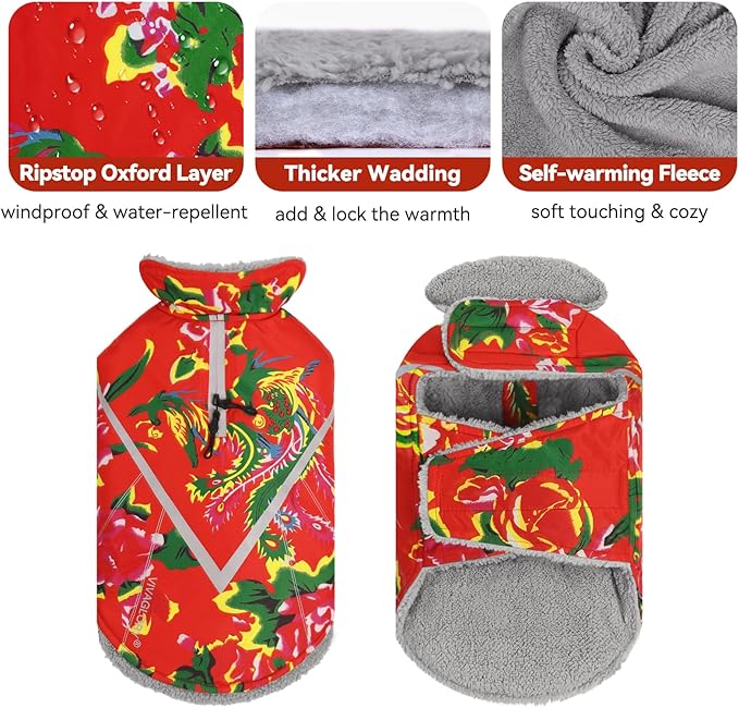 VIVAGLORY Snowrap Dog Coat, Jacket with Harness Hole & Velcro Closure, Dog Coat for Winter & Cold Weather, Fluffy Warm Fleece Lined Reflective Water Resistant for Puppy, XS, Northeast Florals-Red