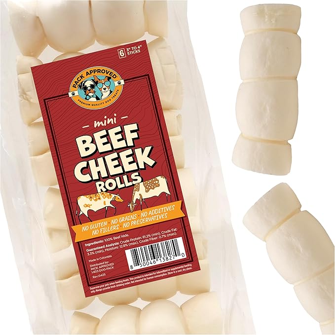 Mini Beef Cheek Rolls - Single Ingredient, All Natural Dog Treats for Small and Medium Dogs - Low Fat, Gluten-Free, & Grain Free Dog Treats - 3-4 inch (6-Pack)