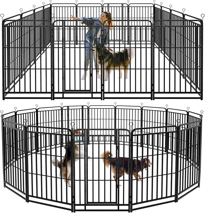 Square Steel Pipe Dog Fence Outdoor 16 Piece Panels 47" Height Anti-Rust Heavy Duty Dog Playpen with Doors Portable for Yard RV Camping, Total 36FT, 103 Sq.ft, Snowy Black