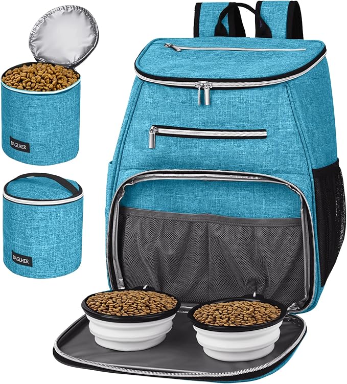 BAGLHER丨Dog Travel Bag Backpack, Airline Approved Pet Supplies Backpack, Dog Travel Bag with 2 Silicone Collapsible Bowls and 2 Food Baskets Sky Blue