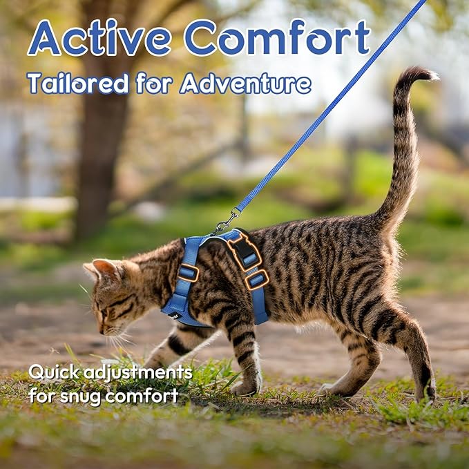 Dooradar Cat Harness and Leash Set, Escape Proof Safe Adjustable Kitten Vest Harnesses for Walking, Easy Control Soft Breathable Mesh Jacket with Reflective Strips for Cats, Blue, M
