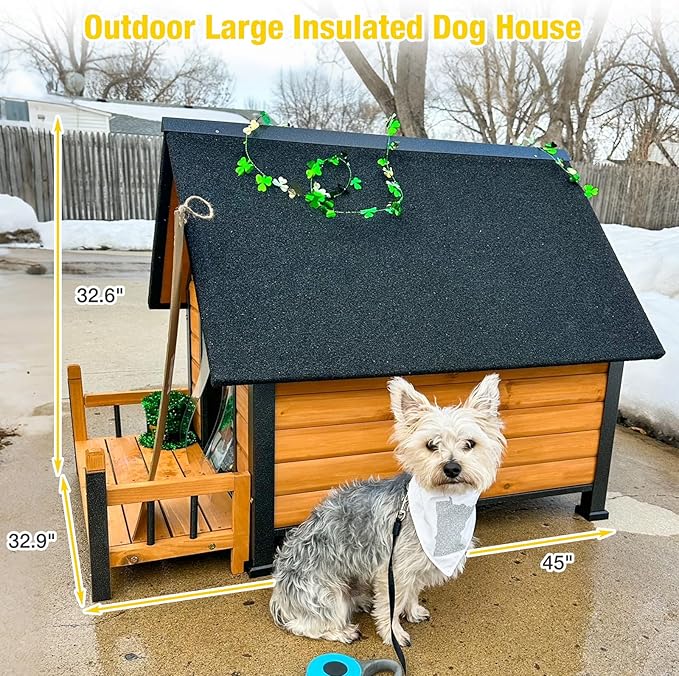 AIVITUVIN Heated Outdoor Dog House Insulated Liner with Anti-Chewing Iron Surround Dog Kennel Dog Shelter Weatherproof (Brown, 45" D x 32.9" W x 32.6" H)