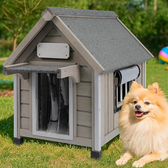 Wooden Outdoor Dog House for Small Dogs, Weatherproof Pet Shelter with Reinforced Frame, Ventilated Window, PVC Door Flap, and Nameplate,18" L x 25" W x 24" H