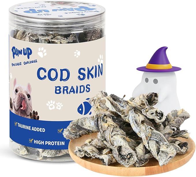 PAWUP Cod Fish Skin Braids Dog Treats Natural Dried Dog Snacks Sticks, High Omega-3 Single Ingredient Cod Skin Chews w/Taurine, 7 oz