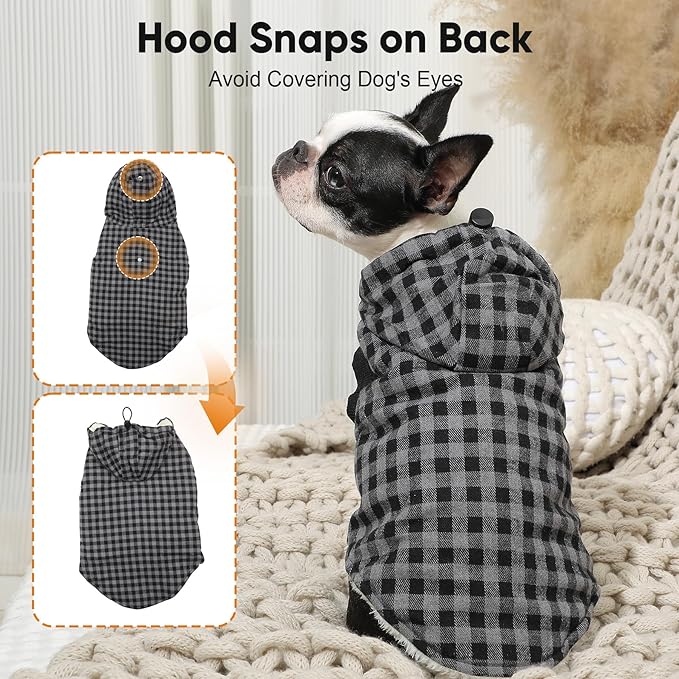 Fleece Lining Dog Hoodie for Large Dogs Extra Warm Plaid Sweater with Drawstring Hooded Coats in Winter Doggie Jacket,Black XXL