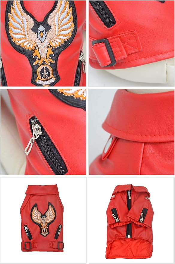 Lovelonglong Cool Dog Leather Jacket, Warm Coats Dogs Windproof Cold Weather Coats for Large Medium Small Dogs with Eagle Embroidery Red S