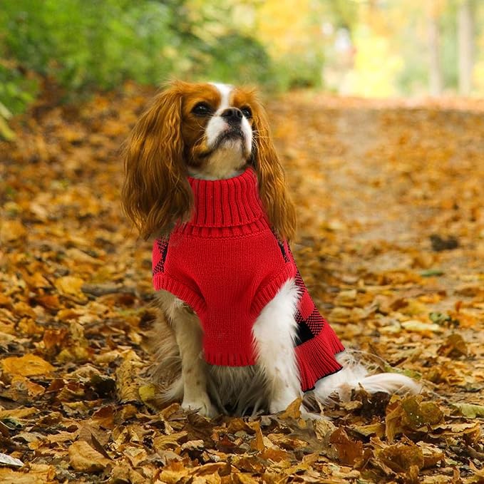 Dog Sweater Dress Plaid Knitwear for Small Medium Dogs Warm Puppy Pet Turtleneck Stretch Pullover Cute Fall Winter Vest Clothes with Leash Hole for Christmas (Red, XL)
