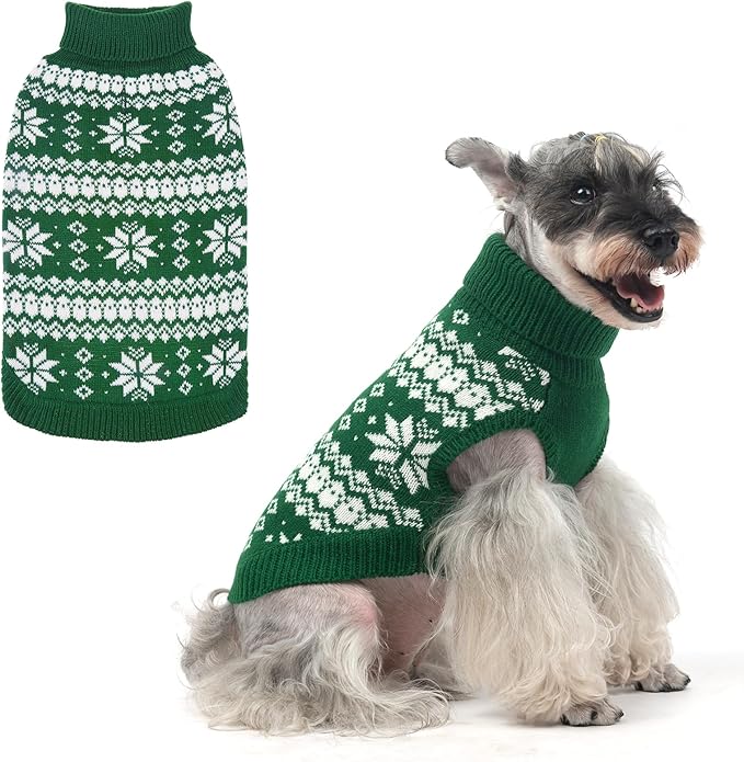 KOOLTAIL Cable Knit Dog Sweater Turtleneck, Cold Weather Pullover Classic Knitwear, Snowflake Pattern Thick Warm Winter Pet Clothes, Dog Christmas Sweater for Small Medium Large Dogs Cats,Green SM