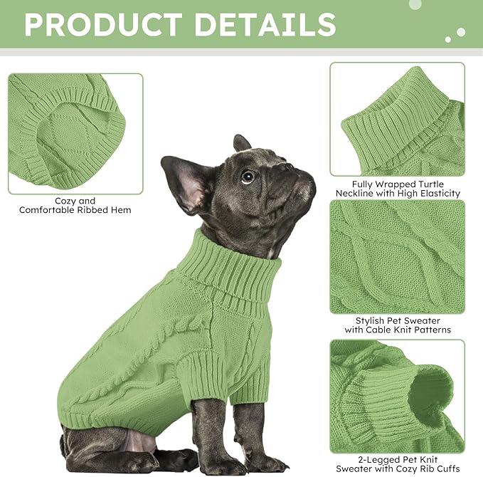 Queenmore Small Dog Pullover Sweater, Cold Weather Cable Knitwear, Classic Turtleneck Thick Warm Clothes for Chihuahua, Bulldog, Dachshund, Pug, Yorkie (Green, Large)