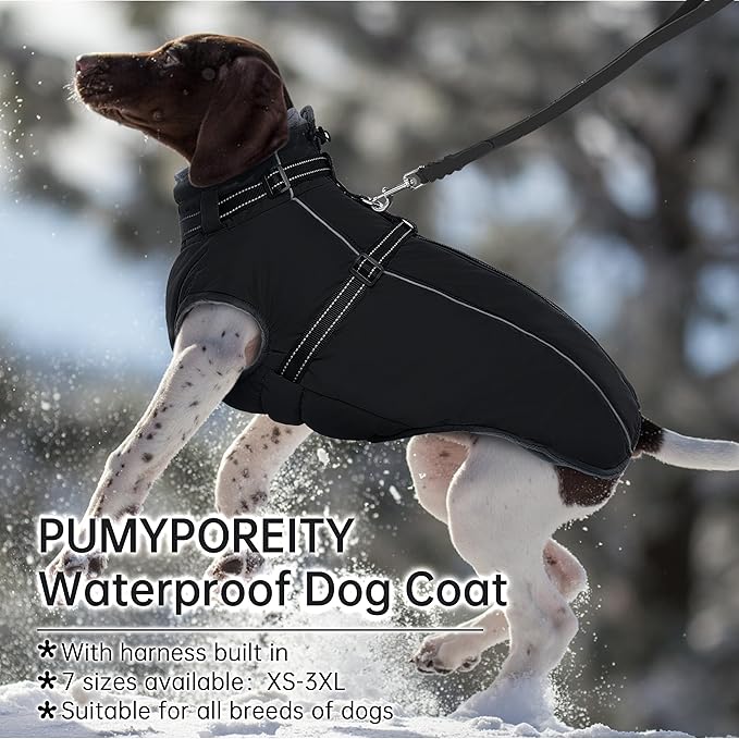 PUMYPOREITY Dog Jackets for Large Dogs, Warm Dog Winter Coat with Harness Built in, Fleece Jacket with Back Zipper, Cold Weather Coats for Outdoor, Waterproof & Windproof Pet Snowsuit, Black, XL