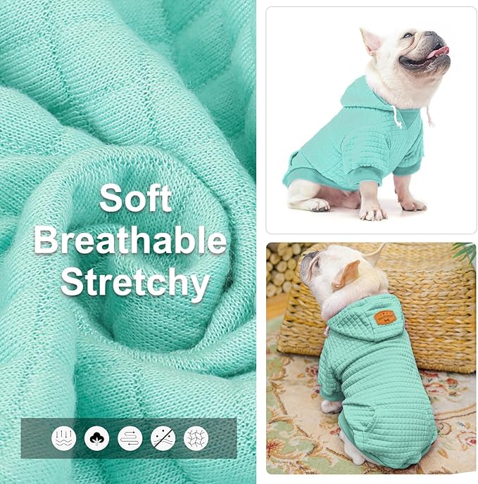 BEAUTYZOO Small Dog Hoodie Sweater with Pockets, Dog Clothes for Small Medium Dogs Boy Girl, Waffle-Like Laminated Cotton Pet Coats with Hat and Leash Hole, Mint Green M