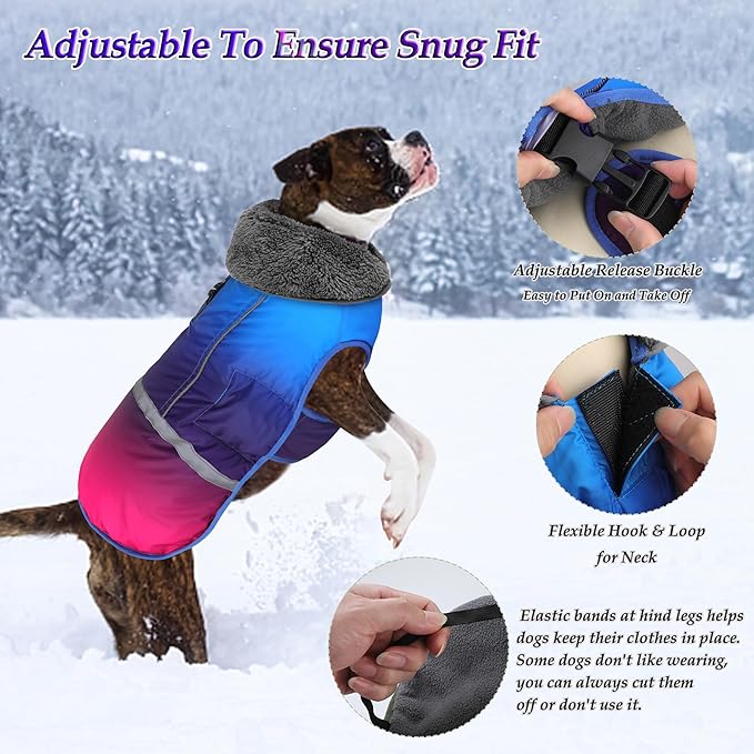 Dogcheer Warm Dog Coat, Waterproof Dog Winter Jacket Christmas Puppy Cold Weather Coats with Buckle, Reflective Adjustable Pet Snow Jacket for Small Medium Large Dogs - Gradient Blue-red, M