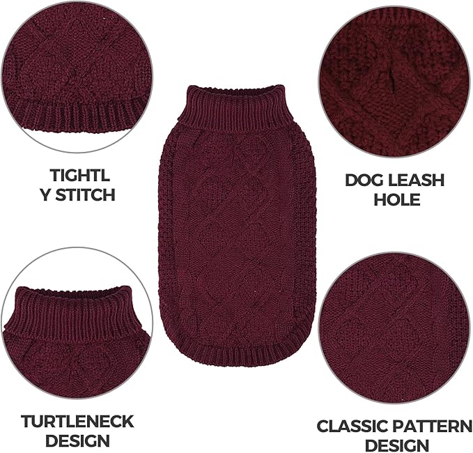 Mihachi Turtleneck Dog Sweater - Winter Coat Apparel Classic Cable Knit Clothes with Leash Hole for Cold Weather, Ideal Gift for Pet in New Year Wine Red X-Large