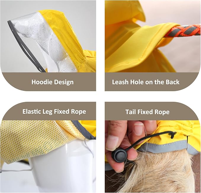MAMORE Dog Raincoat Waterproof, Lightweight Adjustable Dog Rain Coat Hooded Poncho with Reflective Strip for Large Medium Small Dogs (Yellow, XX-Large)