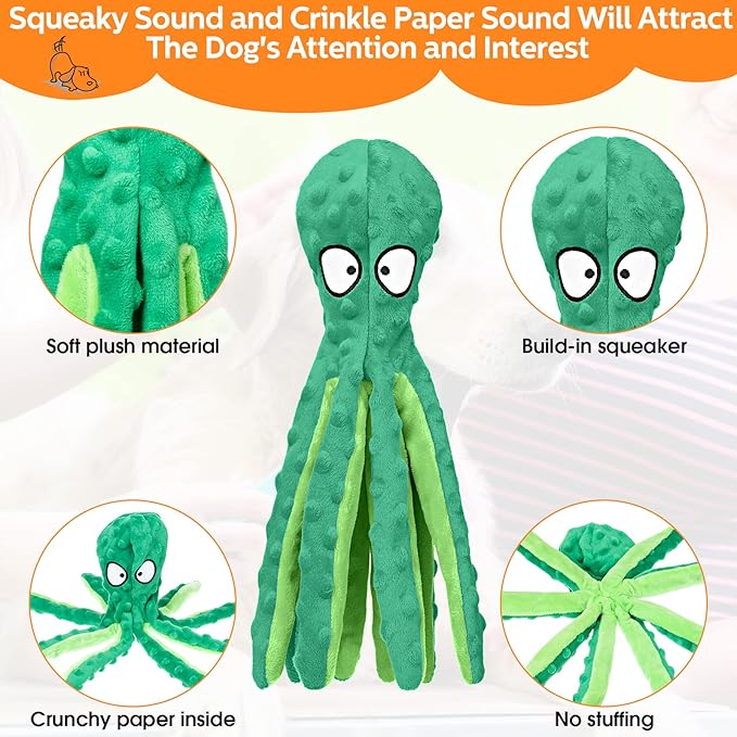 Vinsot 6 Pack Dog Squeaky Toys Octopus No Stuffing Crinkle Plush Dog Toys Durable Interactive Cute Chew for Puppy (Colorful)