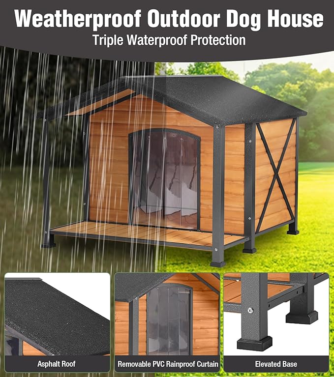 Extra Large Insulated Dog House Outdoor, Weatherproof Wooden Dog House with Porch for Winter with 6 Sides All-Round Foam with Strong Metal Chew Proof Frame