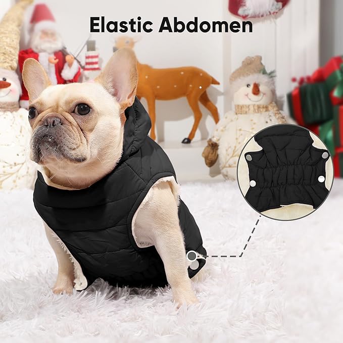 Fleece Lining Dog Hoodie with Harness Built in,Extra Warm Small Dog Jacket in Winter Puppy Coats with Drawstring Hooded,Black M