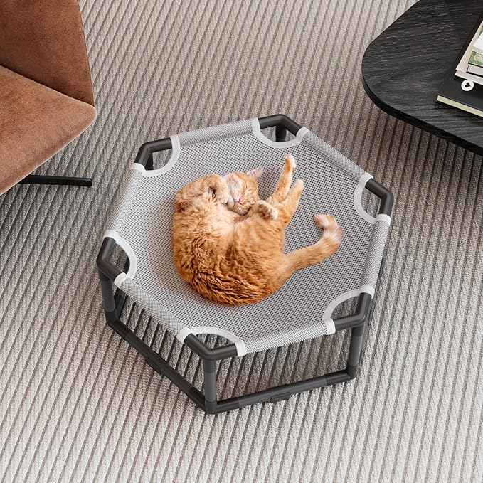 Tresbro Elevated Cat Hammock Bed, Hexagon Raised Cat Swing Bed for Indoor and Outdoor Use with Breathable Fabric & Anti-Slip Block, 20.5'' x 18'' x 9.4'' Pet Chair for Large to Small Kitty Cot