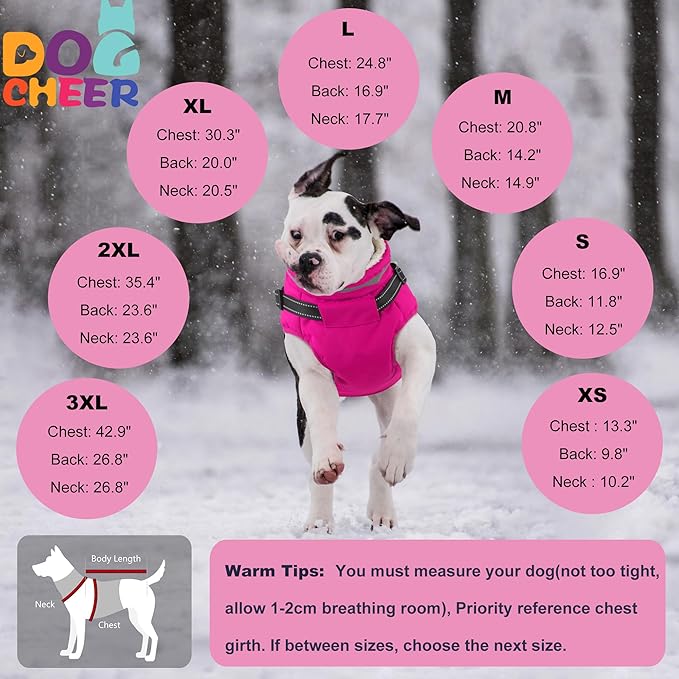 Dogcheer Dog Coat with Harness, Waterproof Warm Dog Winter Jacket with Pockets, Reflective Pet Fleece Jacket Turtleneck Snowsuit for Small Medium Large Dogs - Pink, 3XL
