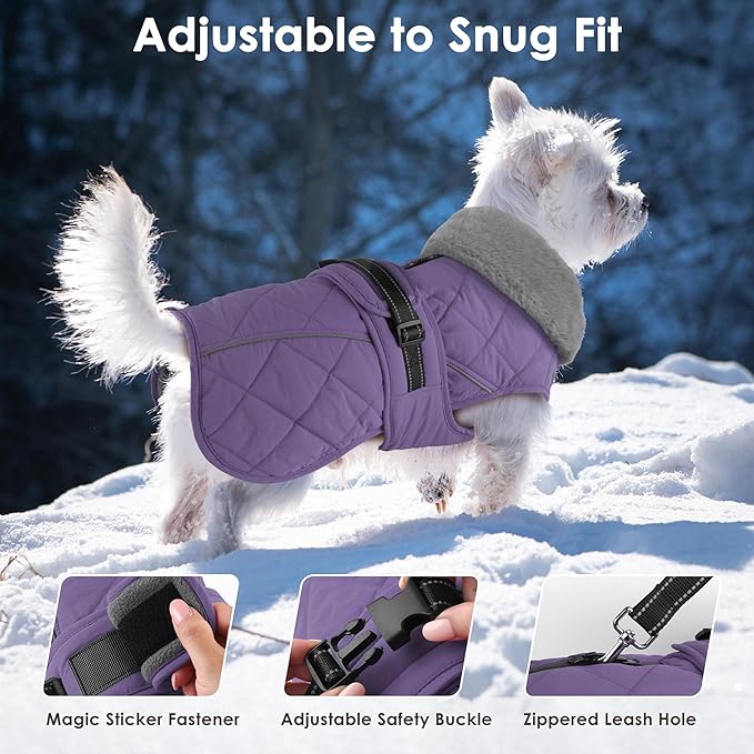 Dog Coat, Waterproof Dog Winter Jacket with Adjustable Buckle, Reflective Turtleneck Pet Snow Vest Warm Fleece Sweater for Small Medium Large Dogs - Purple, L