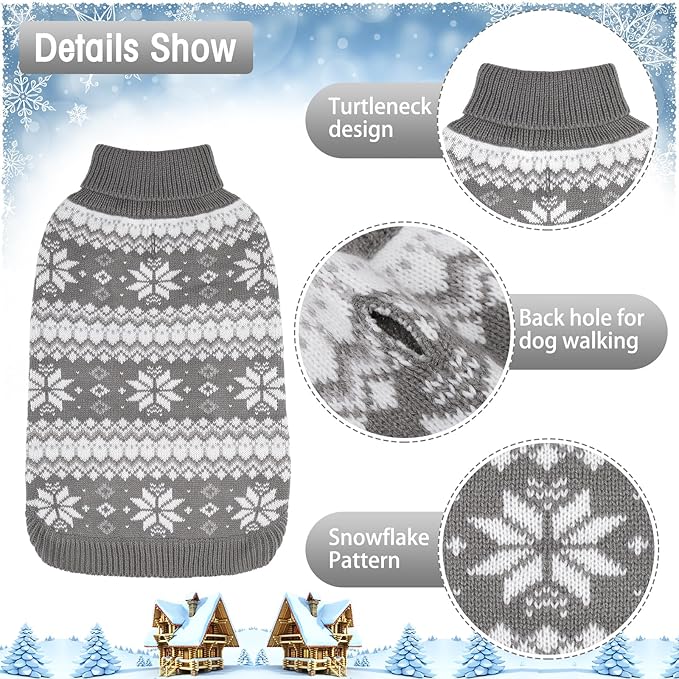 KOOLTAIL Cable Knit Dog Sweater Turtleneck, Cold Weather Pullover Classic Knitwear, Snowflake Pattern Thick Warm Winter Pet Clothes,Dog Christmas Sweater for Small Medium Large Dogs,Grey XL