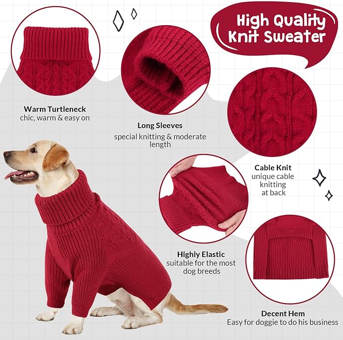 Queenmore Puppy Sweaters - Warm Winter or Fall Dog Sweaters ( Solid Turtleneck Knit, Red ) for Dog Girls & Boys, Small to Large