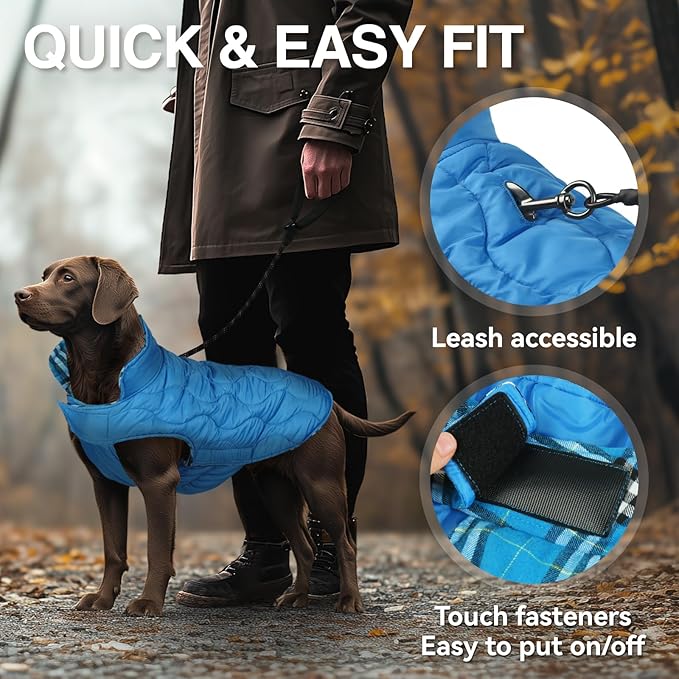 VIVAGLORY Softjoy Dog Coat, Dog Jacket for Winter & Christmas, Coat with Harness Hole & Velcro Closure, Reversible Plaid Checkered Warm Fluffy Heavy Duty for Puppy, XXS, Blue