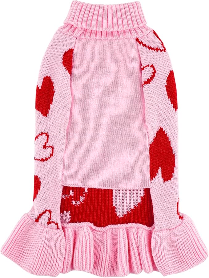 cyeollo Small Dog Sweater Dress Valentines Day Dog Clothes Pullover Turtleneck with Leash Hole Heart Pattern Holiday Theme Female Pet Apparel