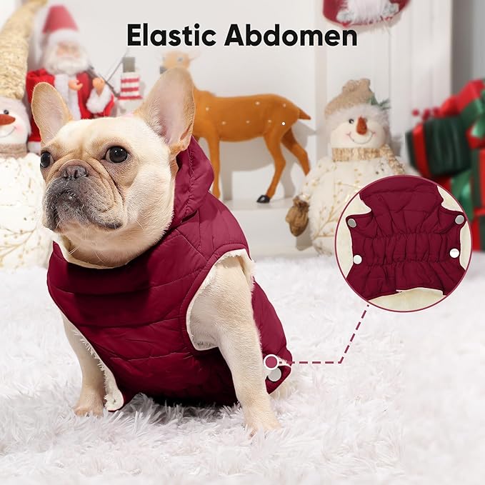 Fleece Lining Dog Hoodie with Harness Built in,Extra Warm Medium Dog Jacket in Winter Doggie Coats with Drawstring Hooded,Red L