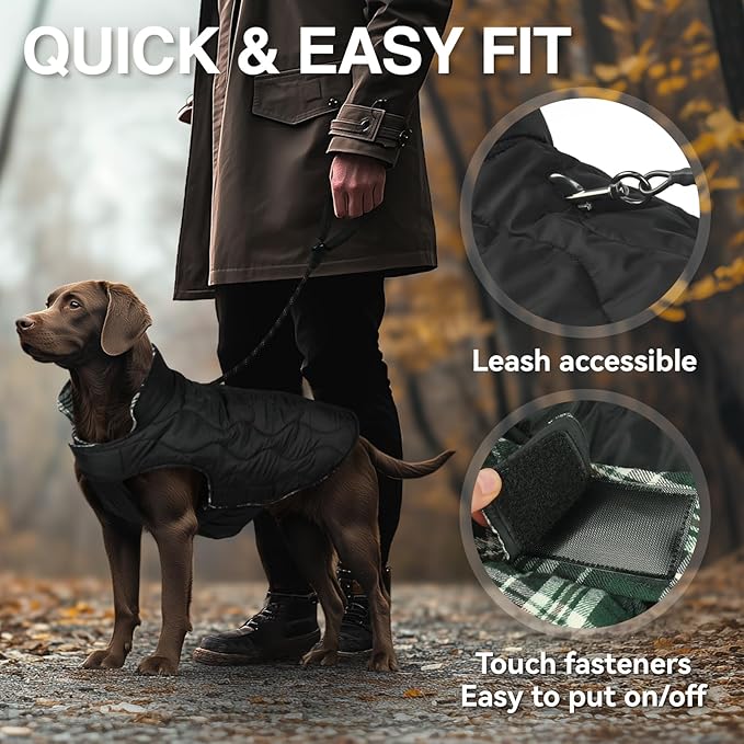 VIVAGLORY Softjoy Dog Coat, Dog Jacket for Winter & Christmas, Coat with Harness Hole & Velcro Closure, Reversible Plaid Checkered Warm Fluffy Heavy Duty for Puppy, S, Green