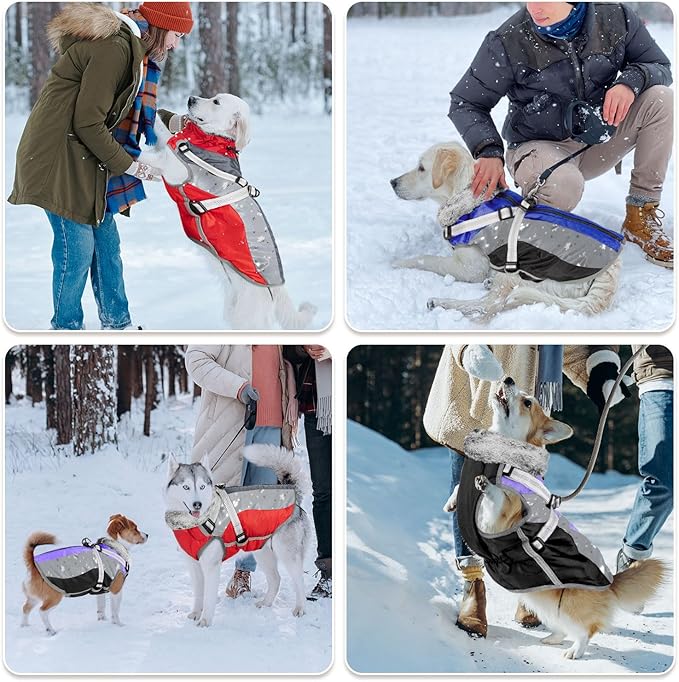 SlowTon Dog Jacket with Harness Built in - Waterproof Fleece Winter Warm Dog Coats for Small Medium Dogs, Reflective Adjustable Furry Puppy Vest Clothes for Outdoor Walking (Blue,M)